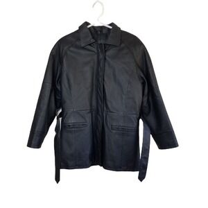 KC Collections Kenneth Cole Women's Black Leather Coat XL Zipper Pockets Lined‎